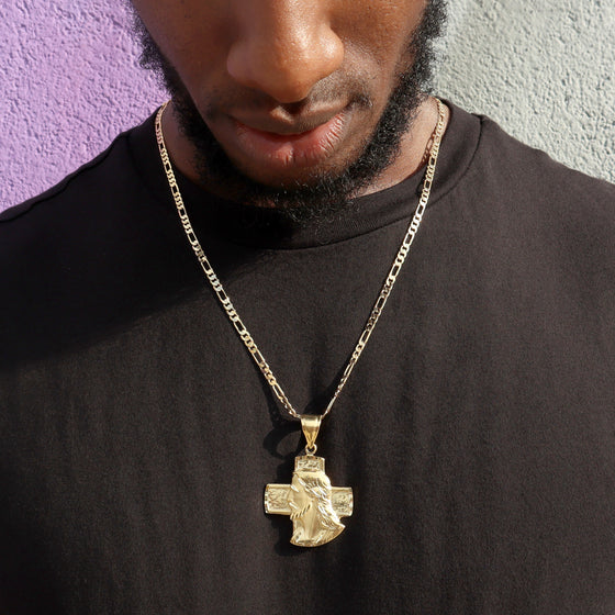 Diamond Cut Cross Jesus Face Charm Necklace Set 24"