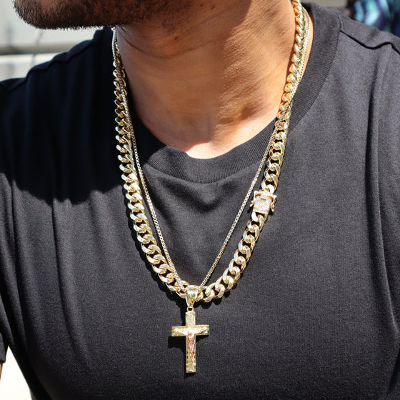 8MM 14K Gold Iced Lock Curb Chain 18"20"24"