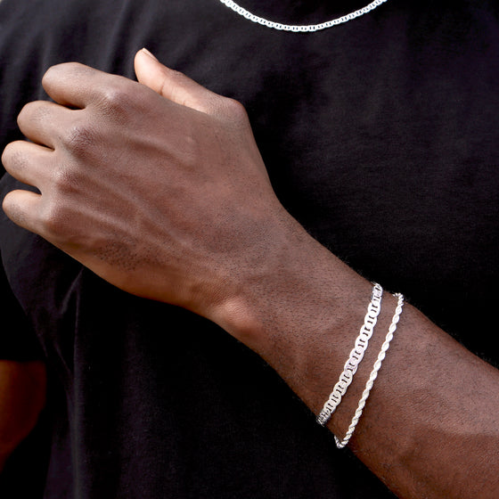 6MM Unisex Concave Textured Mariner Chain Link Bracelet in Silver Plated 8"