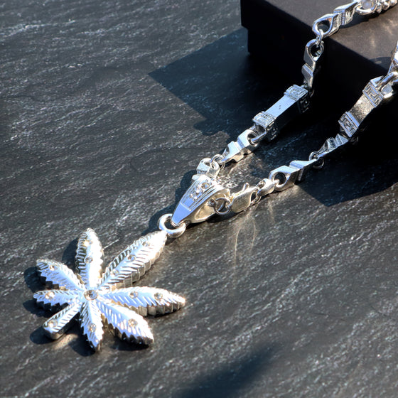 Marijuana CZ Hip-Hop Pendant Necklace in Silver Plated 30"