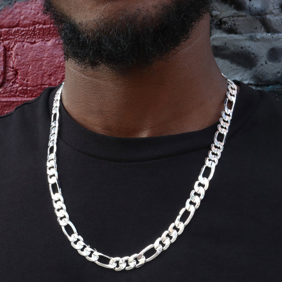11MM Silver Concave Figaro Chain Necklace 20