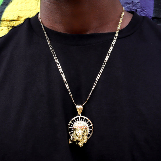 Tri Color Diamond Cut Jesus Face Halo Charm Necklace Set 24"