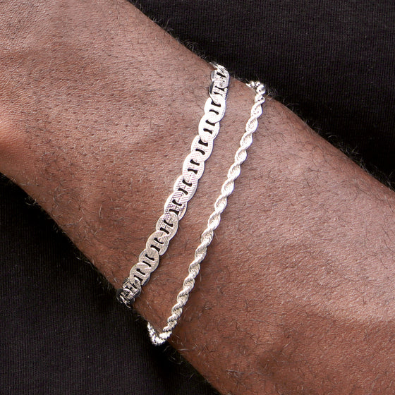 3MM Unisex Silver Rope Chain Link Bracelet in Silver Plated 8"