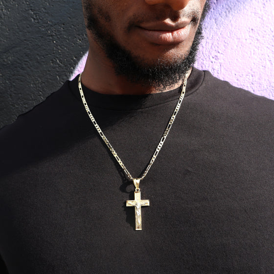 Two Tone Crucifix Cross Jesus Pendant Necklace Set 24"