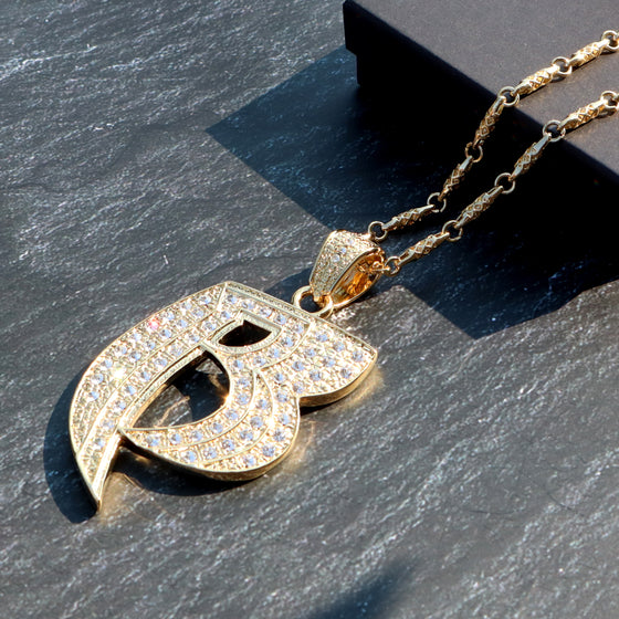 Iced Out B Shape Pendant Necklace in Gold Plated 36"