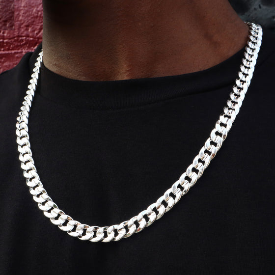 10MM Silver Concave Textured Cuban Chain Necklace 20"24"30"36"