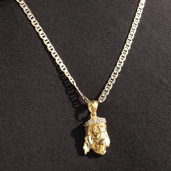 Small Diamond Cut Jesus Face Charm Necklace Set 24"
