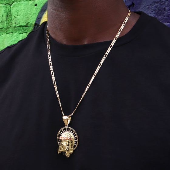 Tri Color Diamond Cut Jesus Face Halo Charm Necklace Set 24"