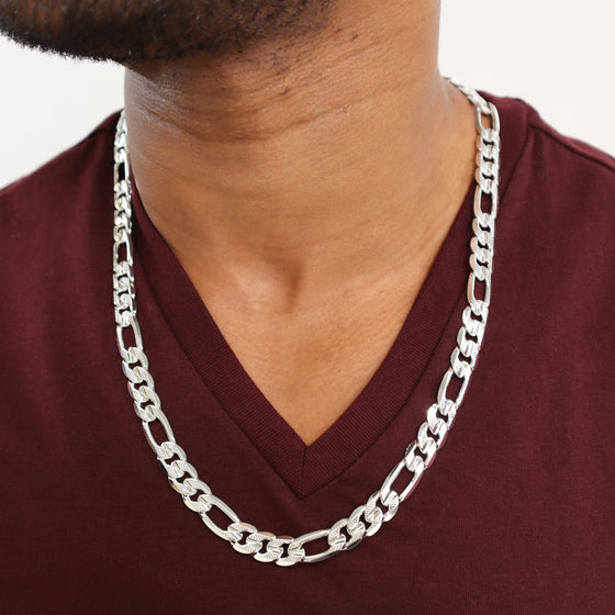 10MM Silver Concave Textured Figaro Chain Necklace 20"24"30"36"