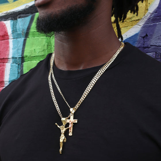 Two Tone Crucifix Cross Jesus Charm Necklace Set 24"