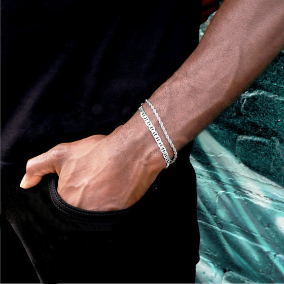 6MM Unisex Concave Textured Mariner Chain Link Bracelet in Silver Plated 8"
