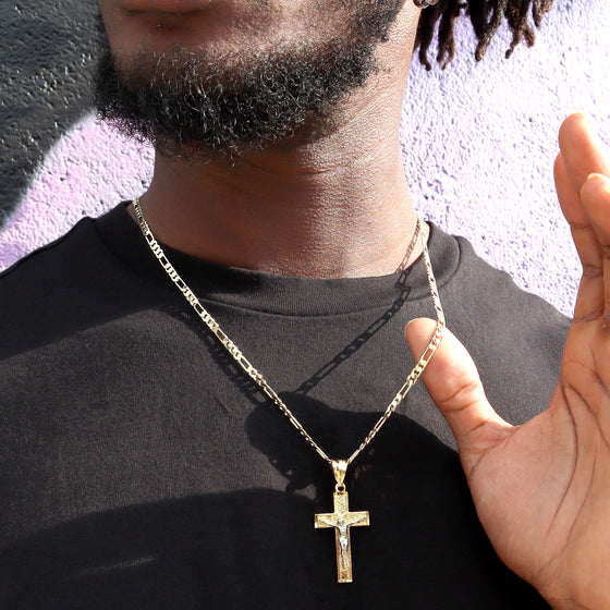 Two Tone Crucifix Cross Jesus Pendant Necklace Set 24"