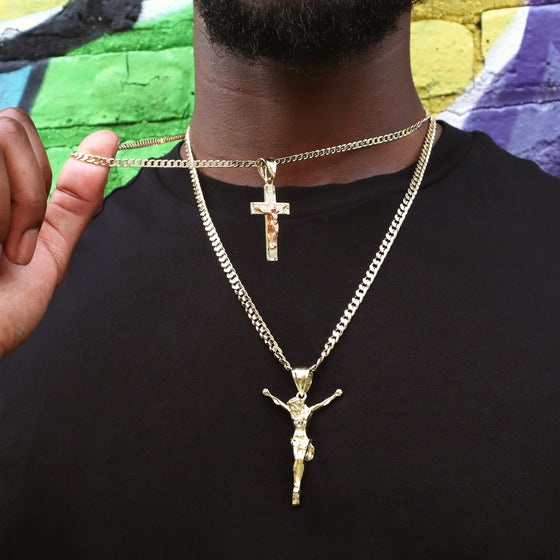 Two Tone Crucifix Cross Jesus Charm Necklace Set 24"