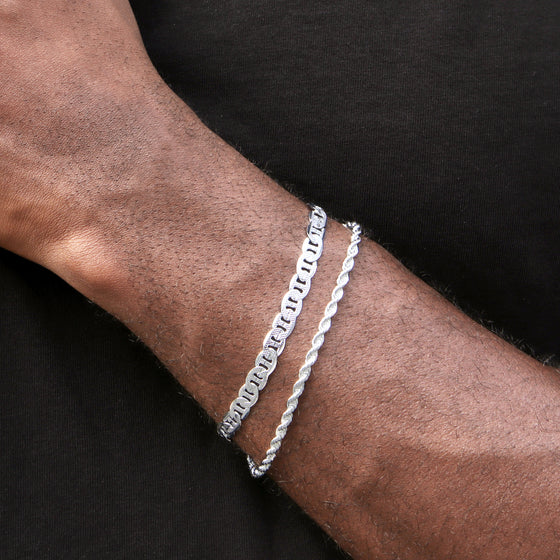 6MM Unisex Concave Textured Mariner Chain Link Bracelet in Silver Plated 8"
