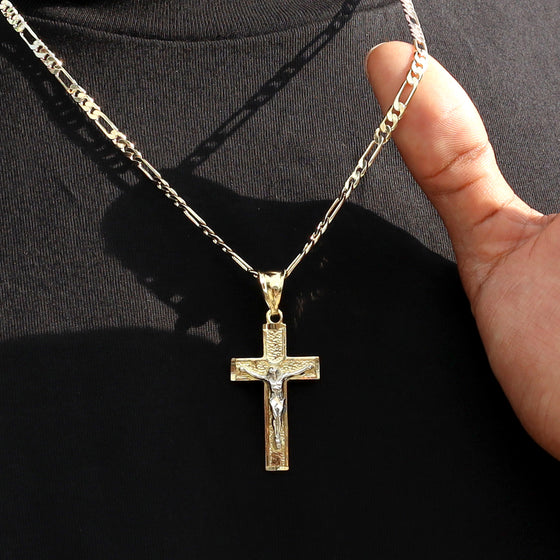 Two Tone Crucifix Cross Jesus Pendant Necklace Set 24"