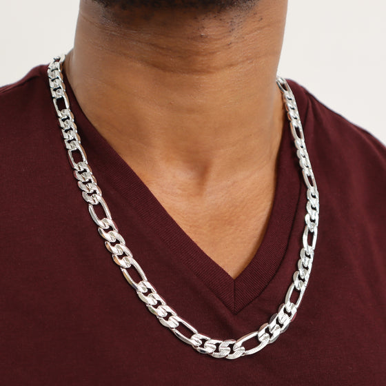 10MM Silver Concave Textured Figaro Chain Necklace 20"24"30"36"