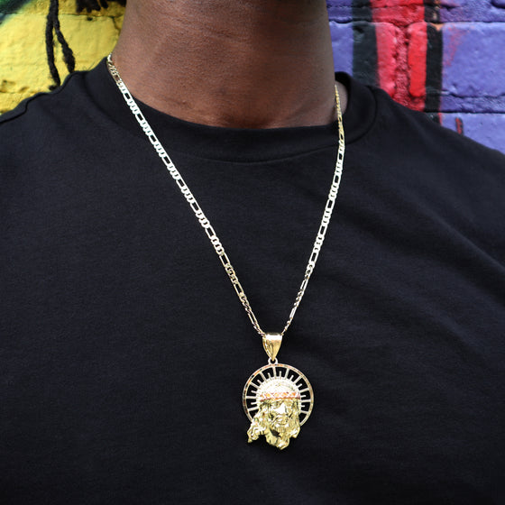 Tri Color Diamond Cut Jesus Face Halo Charm Necklace Set 24"