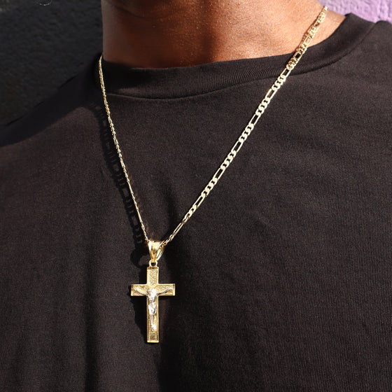 Two Tone Crucifix Cross Jesus Pendant Necklace Set 24"