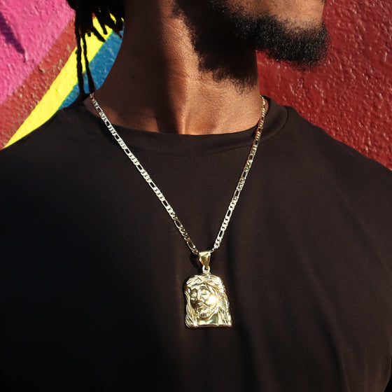 Large Diamond Cut Jesus Face Charm Necklace Set 24"