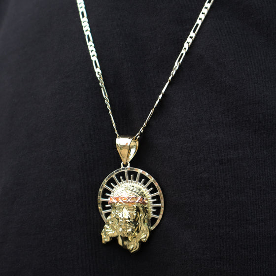 Tri Color Diamond Cut Jesus Face Halo Charm Necklace Set 24"