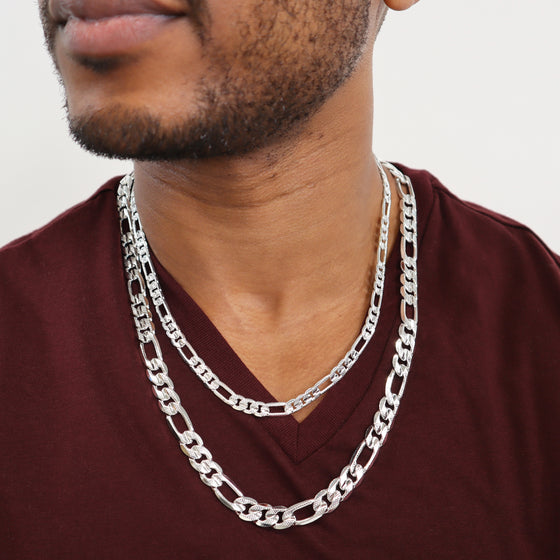 8MM Silver Concave Textured Figaro Chain Necklace 20"24"