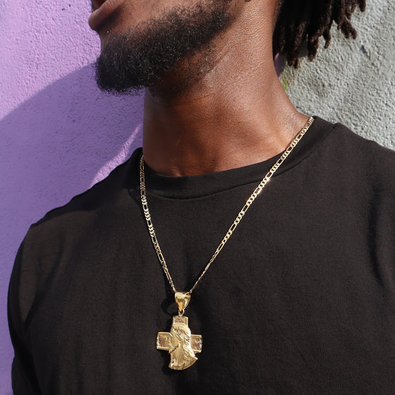 Diamond Cut Cross Jesus Face Charm Necklace Set 24"
