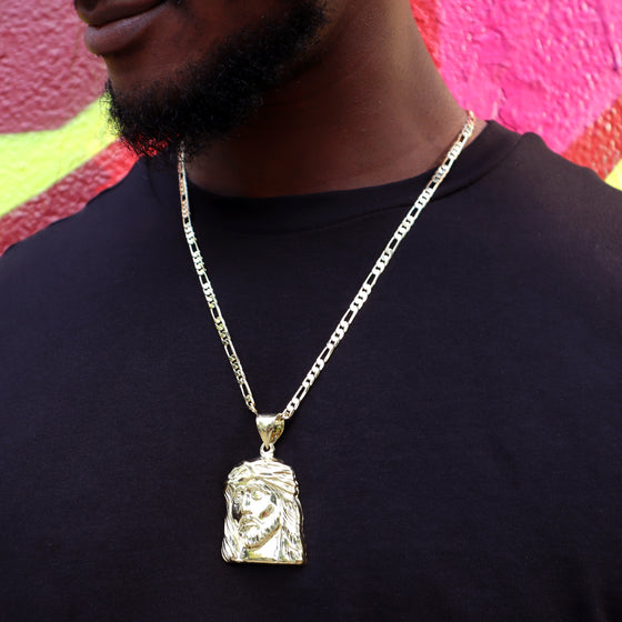 Large Diamond Cut Jesus Face Charm Necklace Set 24"
