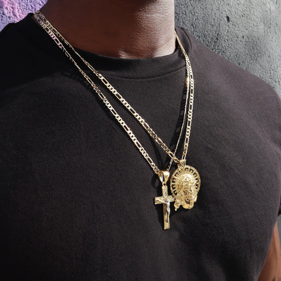 Two Tone Crucifix Cross Jesus Pendant Necklace Set 24"