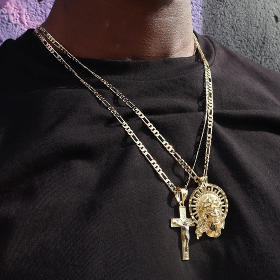Medium Diamond Cut Jesus Face Halo Charm Necklace Set 24"