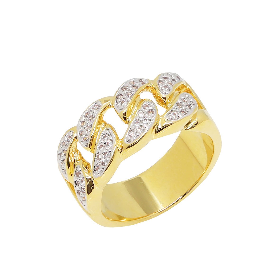 Men's Cuban Link Ice Out Bling Ring – Shiny Gold Plated Silver Stainless Steel (Adjustable)