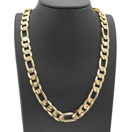 12MM Gold Concave Textured Figaro Chain Necklace 20"24"30"36"