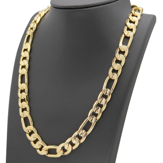 12MM Gold Concave Textured Figaro Chain Necklace 20"24"30"36"
