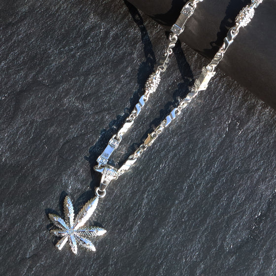 Marijuana CZ Hip-Hop Pendant Necklace in Silver Plated 30"