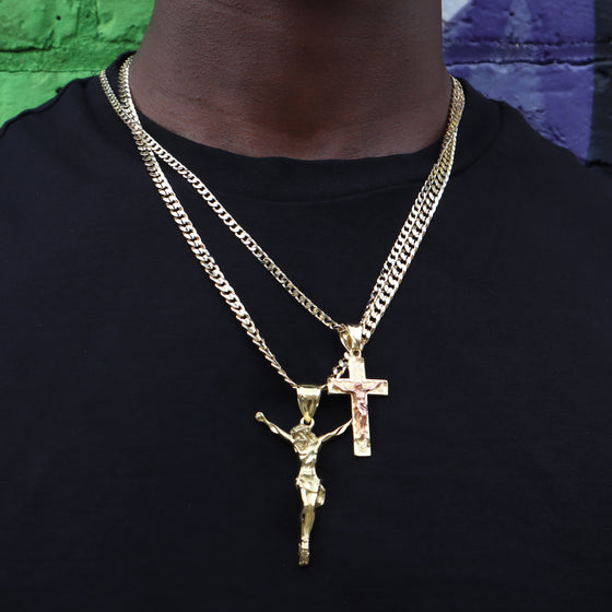 Two Tone Crucifix Cross Jesus Charm Necklace Set 24"