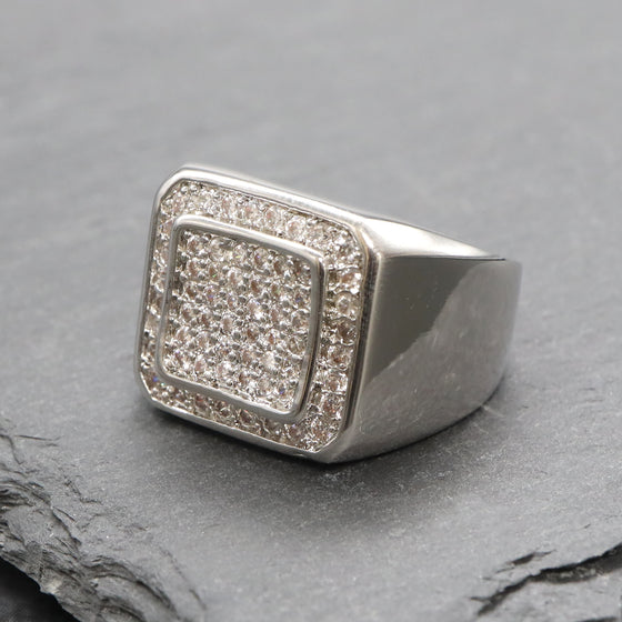Men's CZ Cluster Bling Bling Ring in Rhodium Plated Size10-11