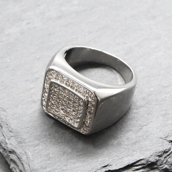 Men's CZ Cluster Bling Bling Ring in Rhodium Plated Size10-11