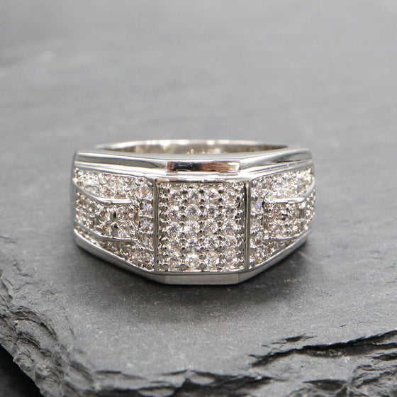 Men's CZ Cluster Ring in Rhodium Plated Size10-11