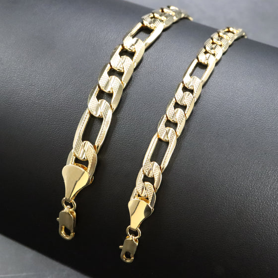 12MM Unisex Concave Textured Figaro Chain Bracelet in 14K Gold Plated 9"