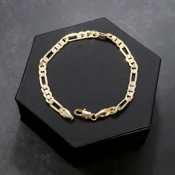 5MM Unisex Gold Concave Textured Figaro Chain Link Bracelet in 14K Gold Plated 8"