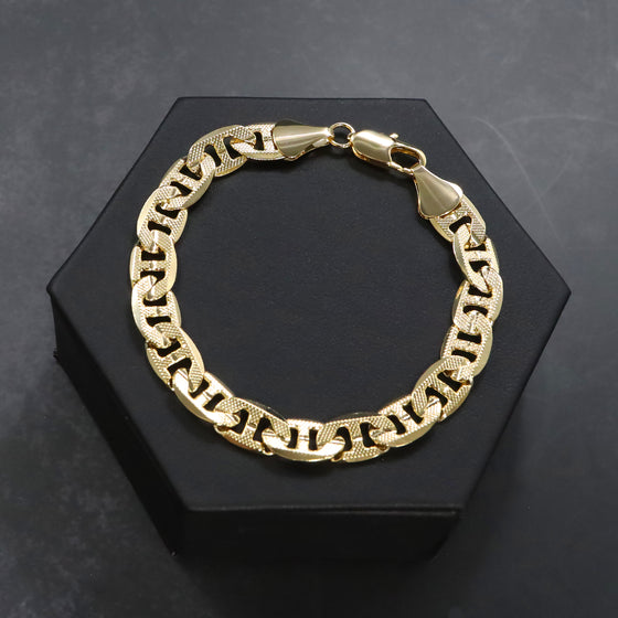 9MM Unisex Concave Textured Mariner Chain Link Bracelet in 14K Gold Plated 8"