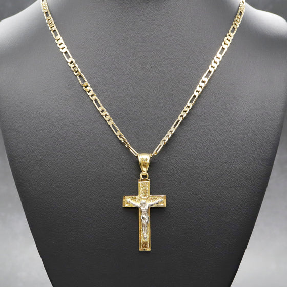 Two Tone Crucifix Cross Jesus Pendant Necklace Set 24"