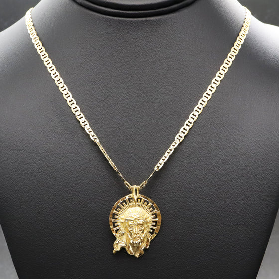 Small Diamond Cut Jesus Face Halo Charm Necklace Set 24"