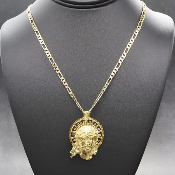 Medium Diamond Cut Jesus Face Halo Charm Necklace Set 24"