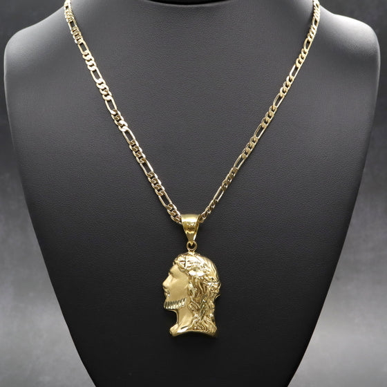 Diamond Cut Jesus Side Face Charm Necklace Set 24"