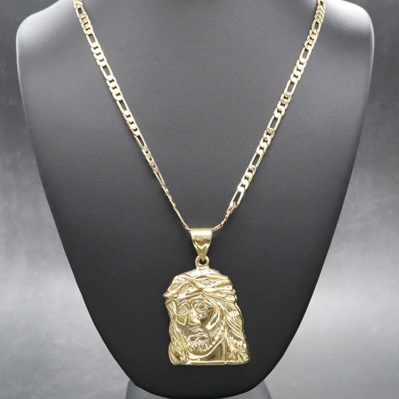 Large Diamond Cut Jesus Face Charm Necklace Set 24"