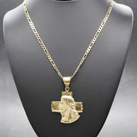 Diamond Cut Cross Jesus Face Charm Necklace Set 24"