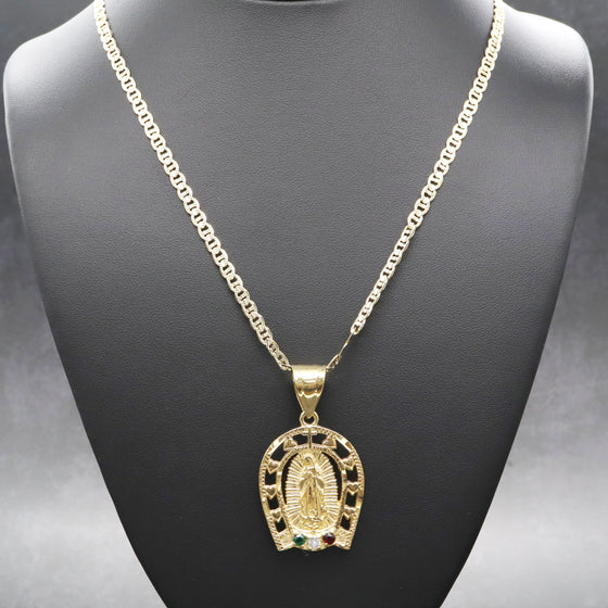 Large Virgin Mary Colored CZ Charm Necklace Set 24"