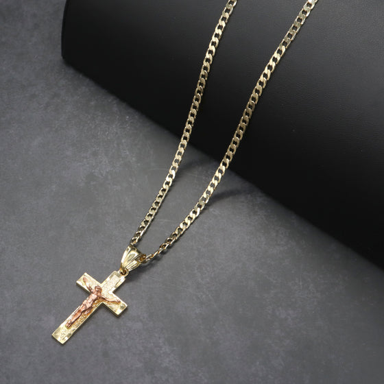 Two Tone Crucifix Cross Jesus Charm Necklace Set 24"