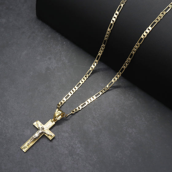 Two Tone Crucifix Cross Jesus Pendant Necklace Set 24"