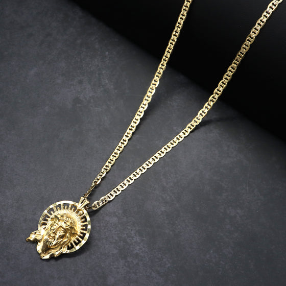 Small Diamond Cut Jesus Face Halo Charm Necklace Set 24"